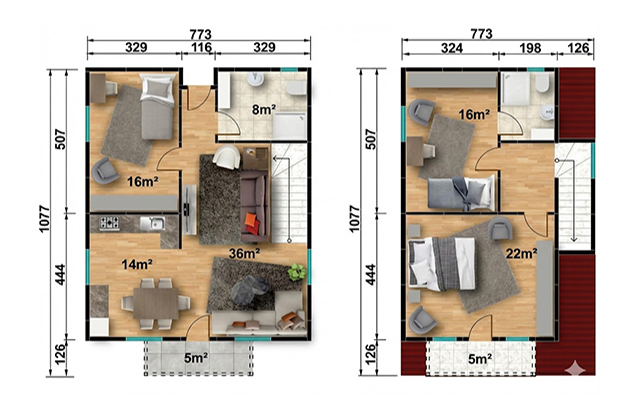 134 metrekare iki katlı prefabrik ev projesi