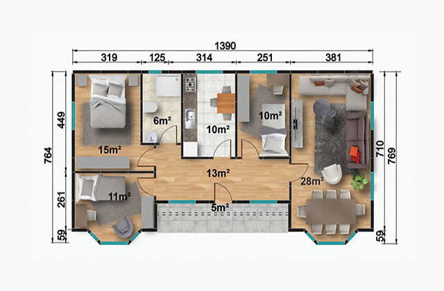 98 metrekare tek katlı prefabrik ev projesi